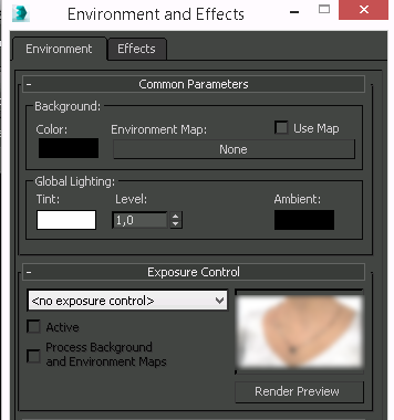 Ilustracja okna 'Environment and Effects' z widocznym ustawieniem 'no exposure control' w sekcji 'Exposure control'